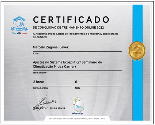 Certificado Seminário Midea Ajustes sistema Ecosplit