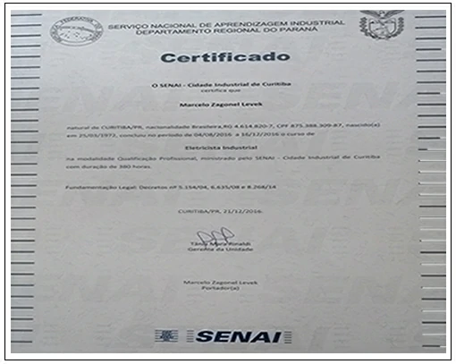Certificado Curso Eletricista Industrial - SENAI
