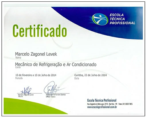 Certificado Curso Mecânico de Refrigeração