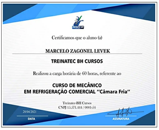 Certificado Curso Mecânico de Câmara Fria