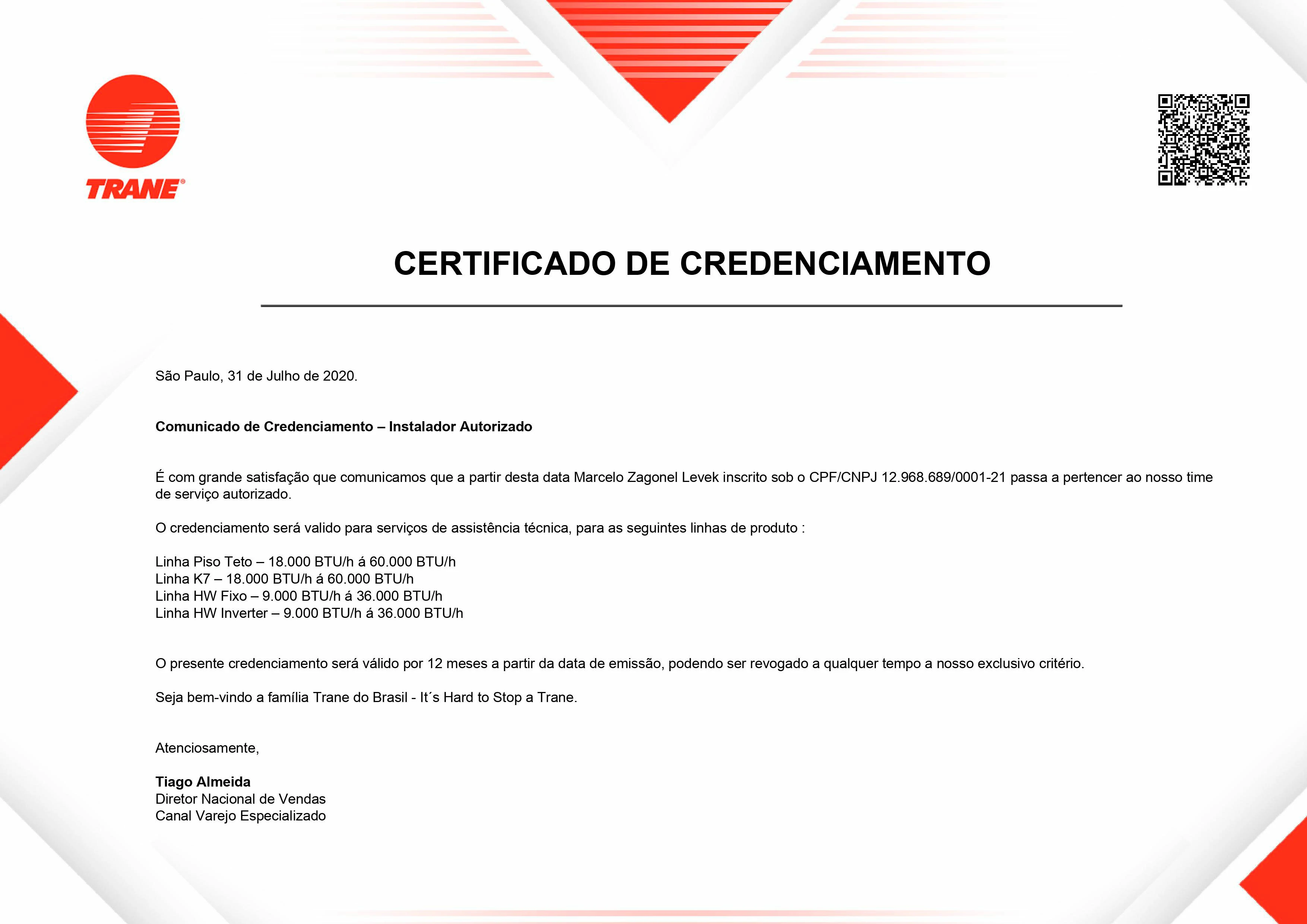Certificado Credenciamento TRANE